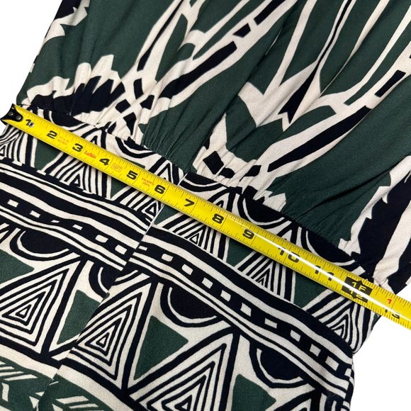 PatBO Dress Size 0 V-Neck Fit Flare Fringe Trim Emerald Green Ivory Print - Picture 15 of 16